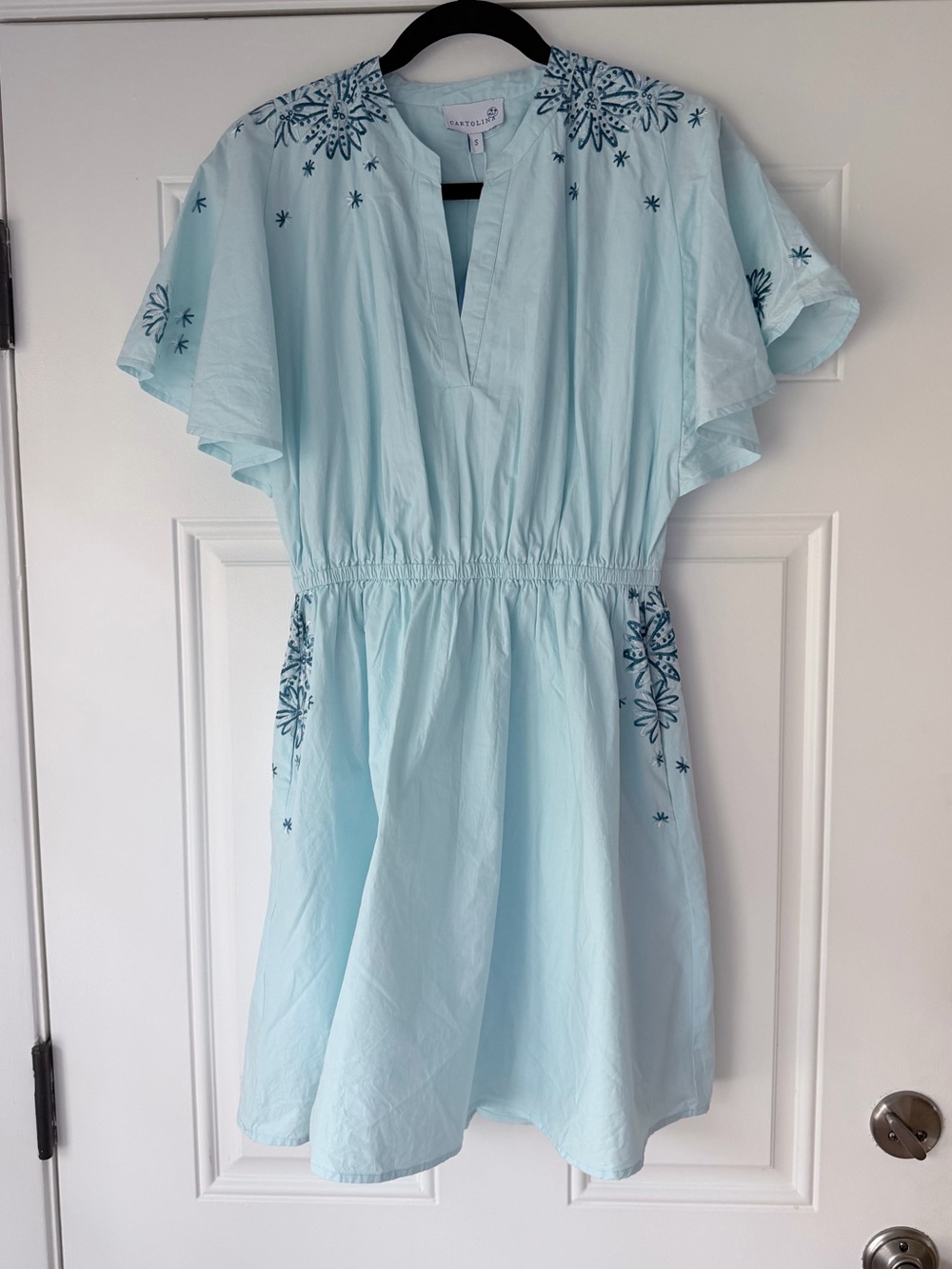 NWT CARTOLINA SIZE S BABY BLUE MINI 100% cotton polin dress embroidered pockets